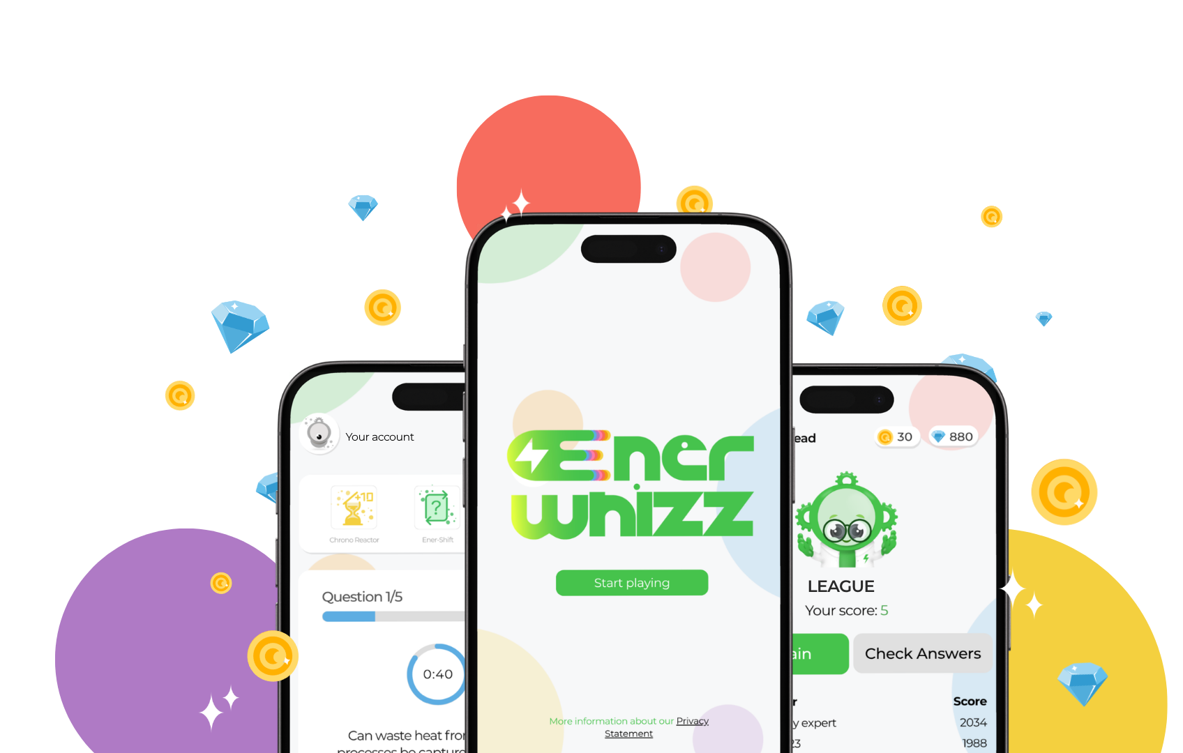 EnerWhizz mobile quiz game mockups